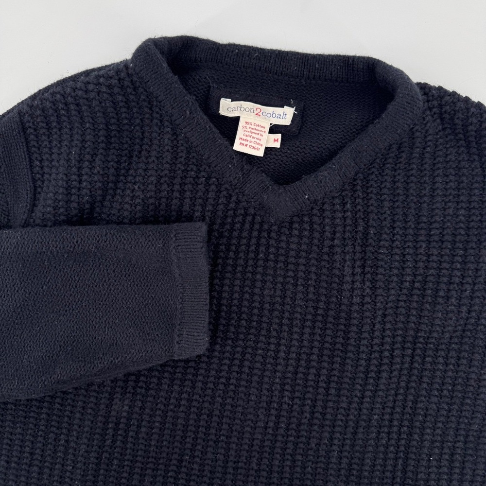 Carbon2Cobalt Sweater Mens Medium Navy Blue Cotton Cashmere Waffle Knit V-Neck